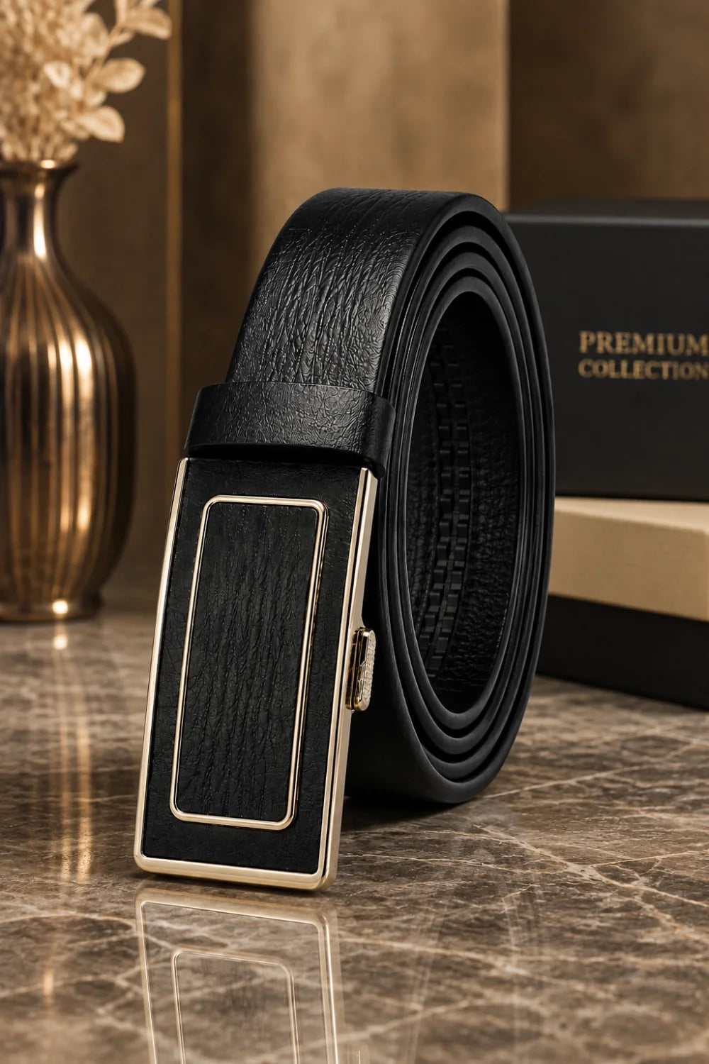 Men’s Belt Gold-Tone Rectangular Buckle