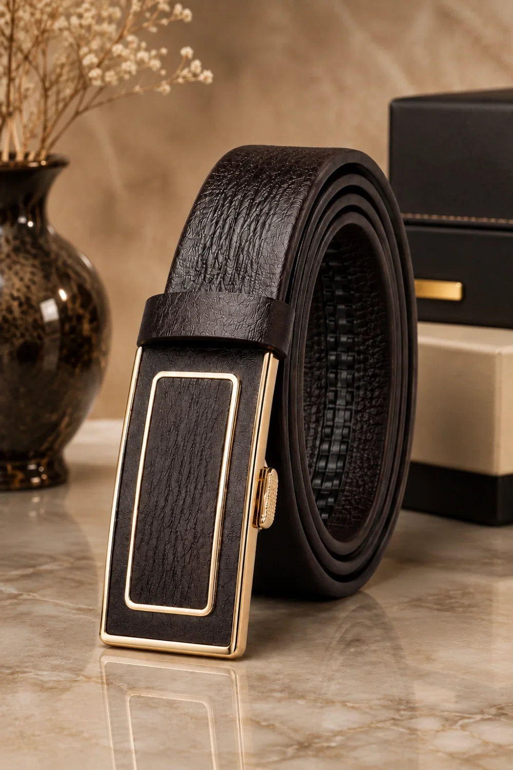 Men’s Belt  Gold-Tone Rectangular Buckle