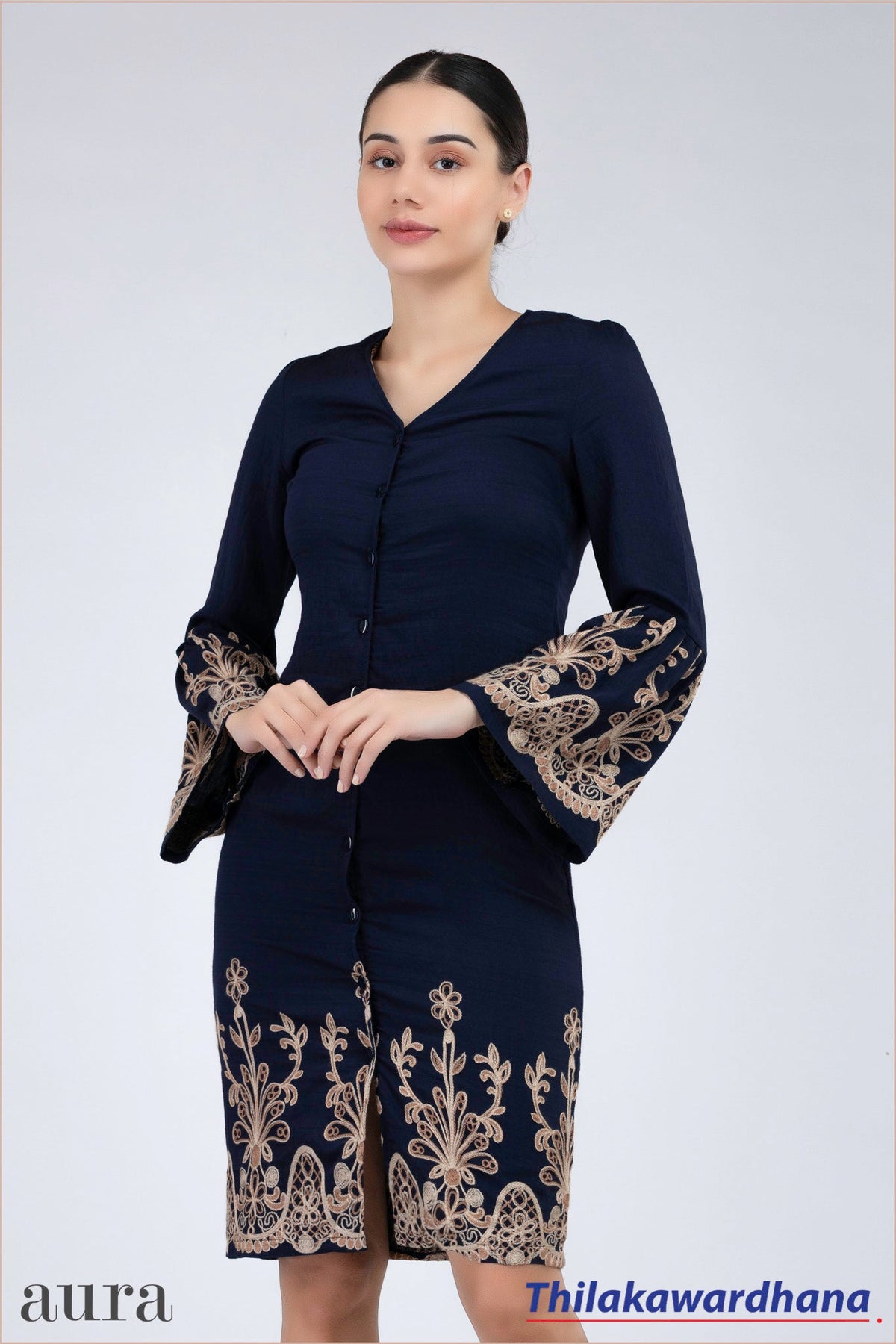 Aura Floral Embroidered Flare Sleeve Dress